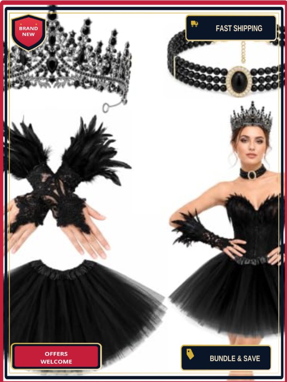 4 Pc Swan Costume Accessory Set Feather Lace Gloves Tulle Tutu Skirt Choker